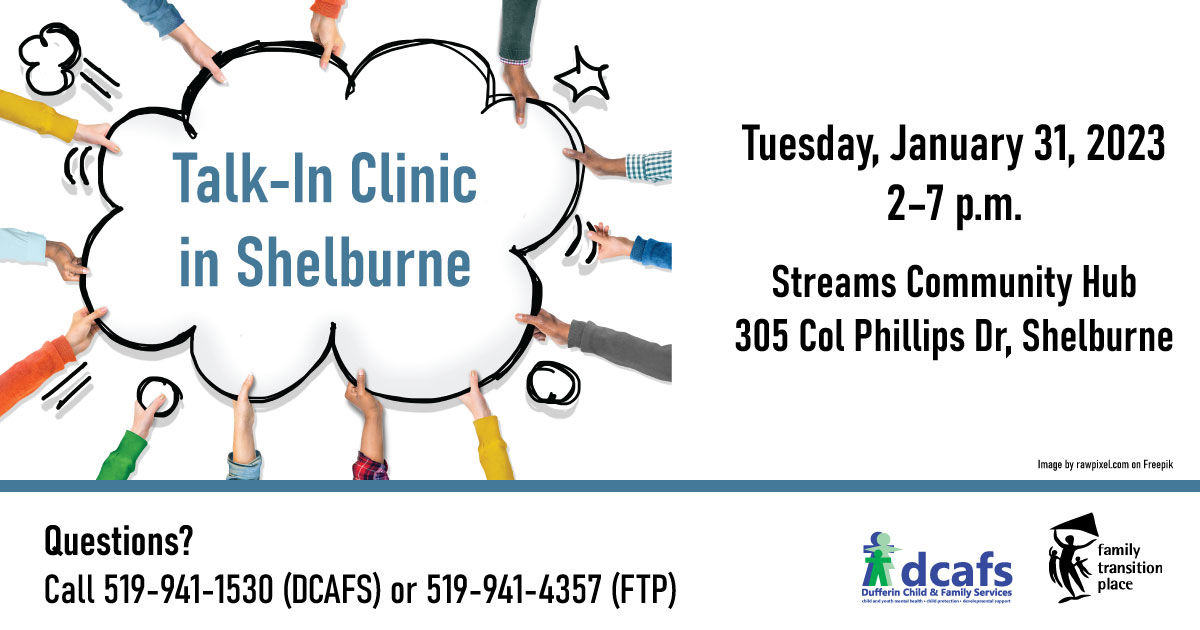ftplace's tweet photo. Recent incidents covered by the media may have affected those living in the Shelburne area. Counsellors from @DCAFS and @ftplace will hold a Talk-In Clinic in Shelburne on Jan 31 for those impacted by these events.

Questions? 
Call 519-941-1530 (DCAFS) or 519- 941-4357 (FTP) https://t.co/aRZXYrmC2N