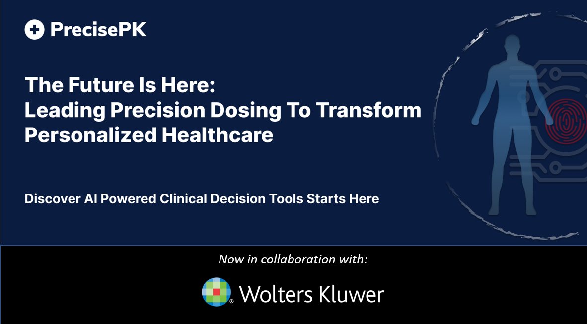 wkhealth's tweet photo. We are looking forward to our upcoming collaborations with @Precise_PK to offer an integrated #Bayesian dosing solution through #Sentri7 Pharmacy that will deliver a comprehensive drug package supporting vancomycin and 20+ other medications. Learn more https://t.co/sMlqhXSwLA https://t.co/Hhh2TiPavv