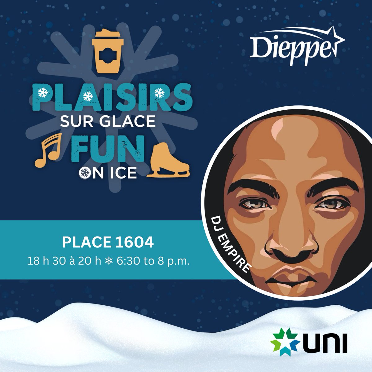 VilledeDieppe's tweet photo. Une soirée de patinage, musique et chocolat chaud vous tente? ⛸🔥 Enfilez vos patins et faites votre chemin jusqu’à la Place 1604 pour Plaisirs sur glace! Détails: https://t.co/7WtVxKr8lX https://t.co/ubdJooMvl0