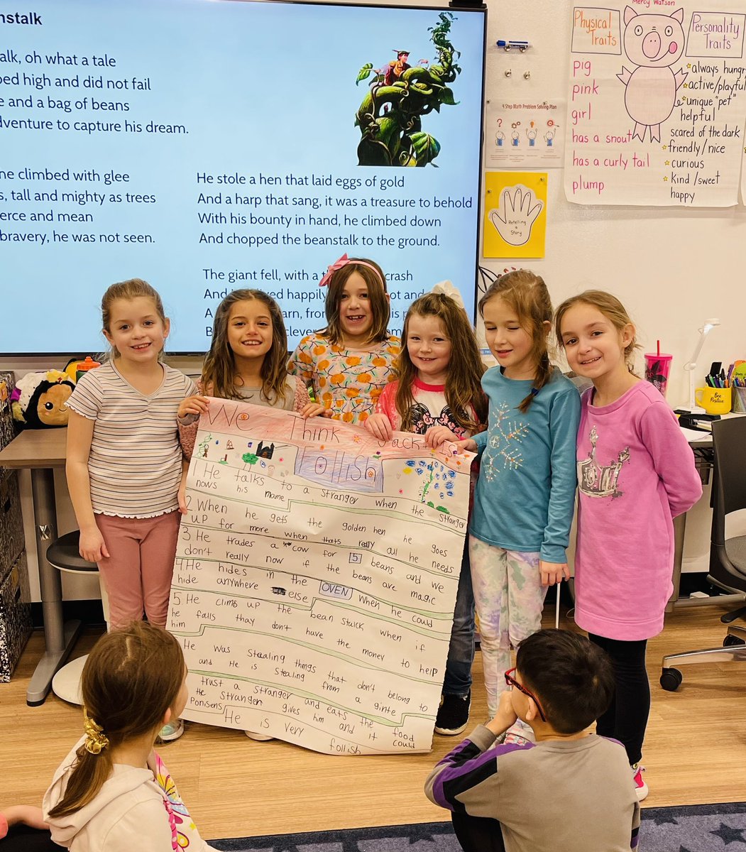RJohnsonGR2's tweet photo. We focused on character traits &amp; finding text evidence to support our ideas. We had a “friendly debate” about whether Jack from, “Jack and the Beanstalk,” is a brave or foolish character. We ended our study of Jack with a readers’ theater. @GroveAve220 @barrington220 #WeBelong220 https://t.co/ZLdspEtmau