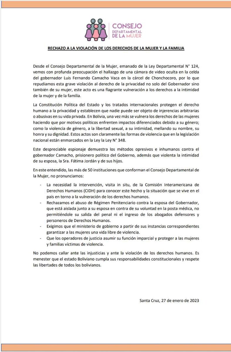 Pronunciamiento del Consejo Departamental de la Mujer solidarizándose con Fatima Jordan, esposa de nuestro Gobernador. 

Equipo de comunicación del gobernador informa