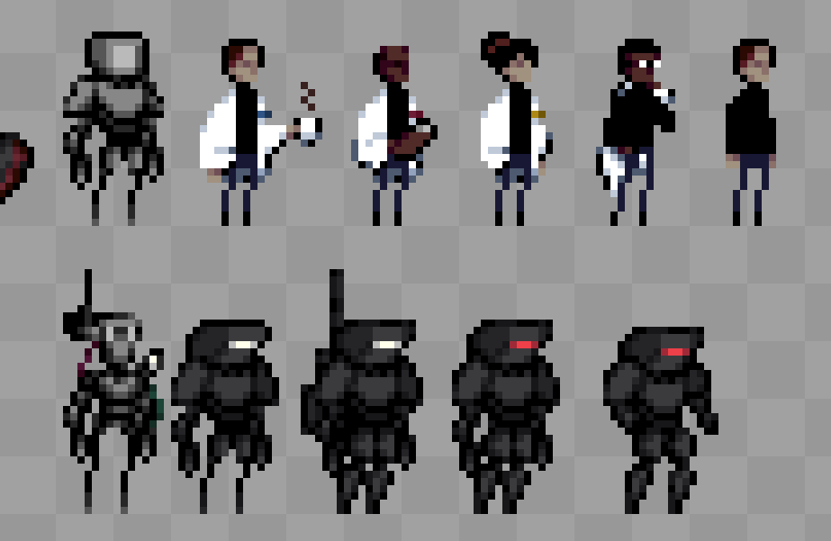 pareidoliagame's tweet photo. Some cool/unused sprites and concepts of other robots and science-y types ☕️
#indiegame #pixelart #aseprite #gamemaker https://t.co/DtCLO2UJrg