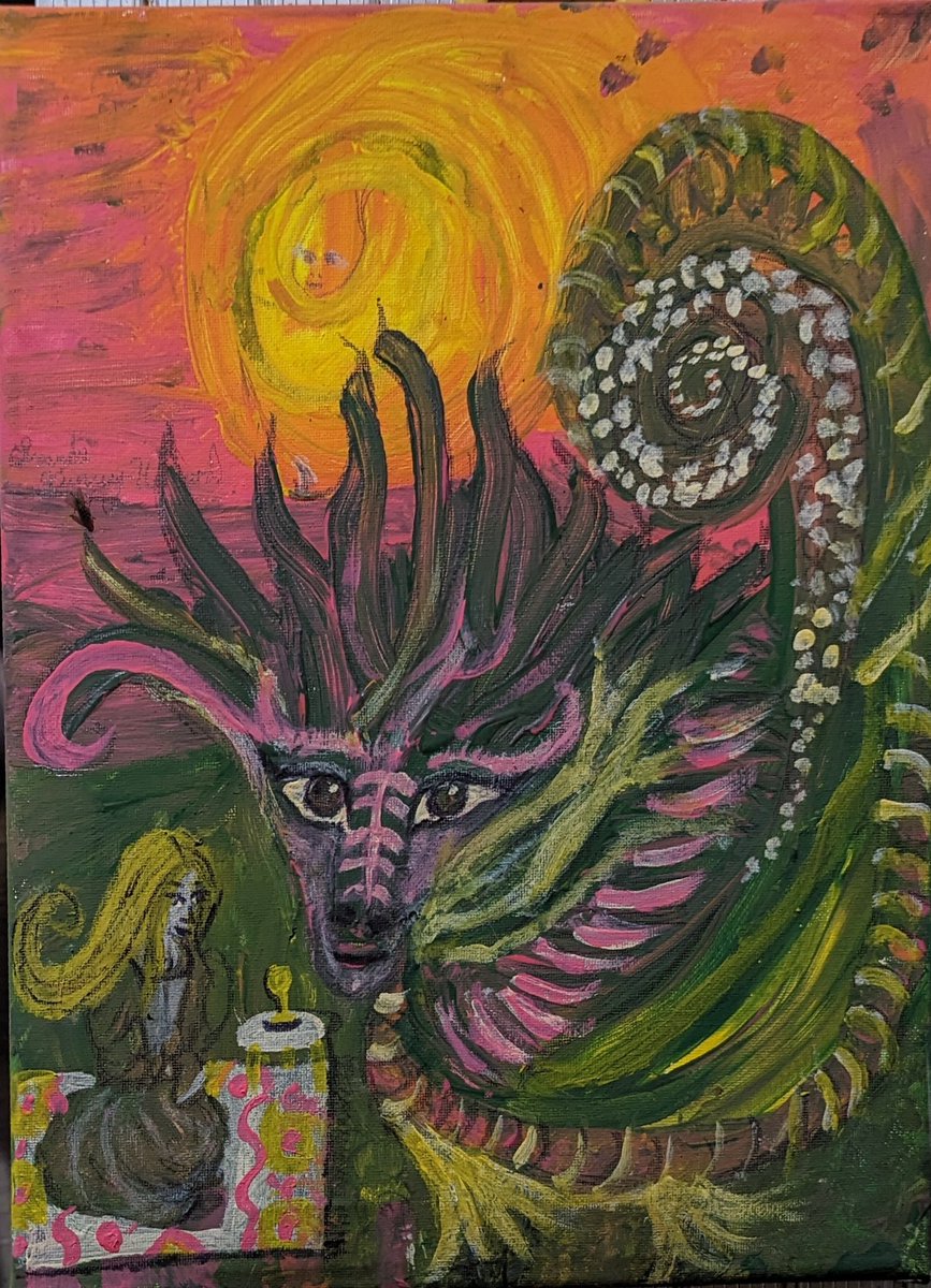 I call this one dinner with a dragon what do you guys think? I ship anywhere in the USA the signed original for 100 us dollars. All profits go to build an art haven and nature preserve outside the rainbow basin in Barstow California please consider supporting this dream.Rtplease