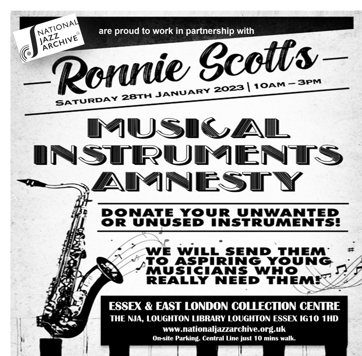 JazzArchive's tweet photo. Tomorrow (Saturday) 10am-3pm 
we're collecting cool stuff for @officialronnies #RonnieScotts  Charitable Foundation. IBring those lovely unwanted, playable or repairable musical instruments to 
@loughtonlibrary &amp; we'll make sure young musicians benefit!
#Archive #amnesty #Essex https://t.co/ogjmfRXyFW