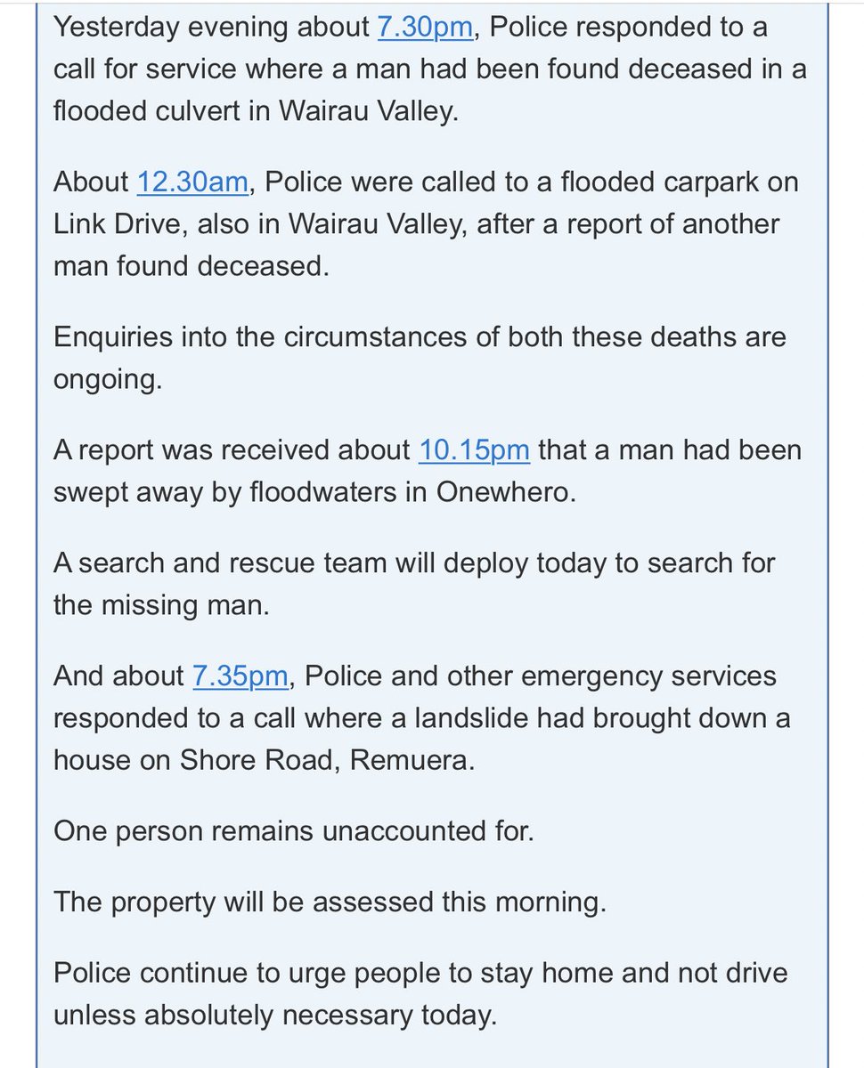 wilsonlonghurst's tweet photo. #BREAKING: In this major update from Police they say two people are dead and another two are missing after yesterday’s flooding in #Auckland. Just shocking @1NewsNZ. https://t.co/m5exjRXcBG