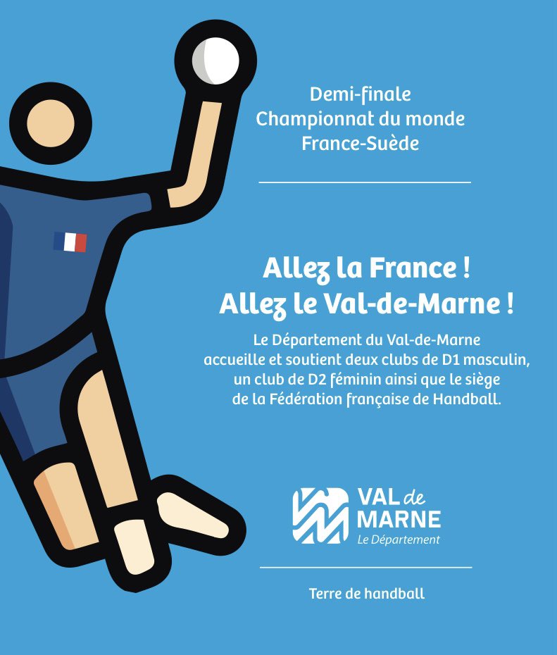 Ocapitanio94's tweet image. 🤾‍♂️ Le @valdemarne_94 #TerreDeHandball derrière nos bleus ce soir pour la demi-finale du Championnat du monde de #Handball #FRASWE 💪