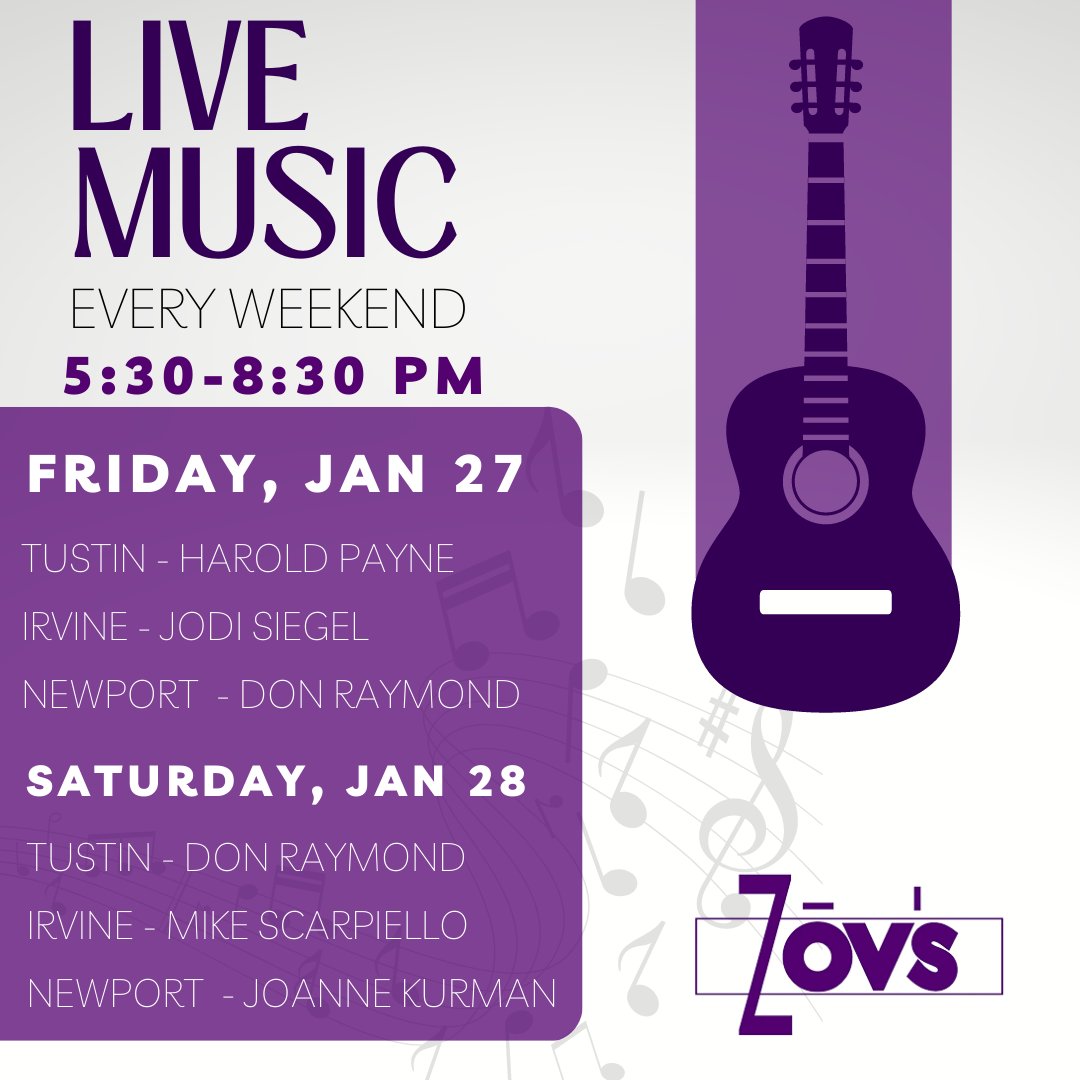 Dinner and a show? To Zov's, we go!
Check out who's playing this weekend at each of our locations.

#zovs #zovsbistro #zovsbakery #tustin #irvine #newportbeach #newportcoast #villapark #roxyz #mediterraneanfood #sanclemente