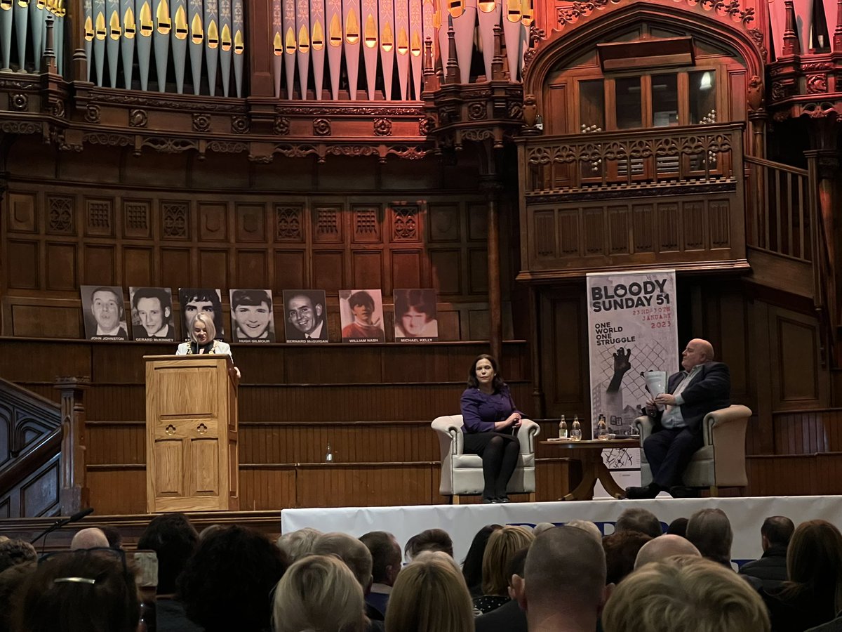 Mayor @SandraDuffySF opens the Annual Bloody Sunday Lecture in The Guildhall. 
Looking forward to the lecture from Sinn Féin Party President @MaryLouMcDonald 
#OneWorldOneStruggle