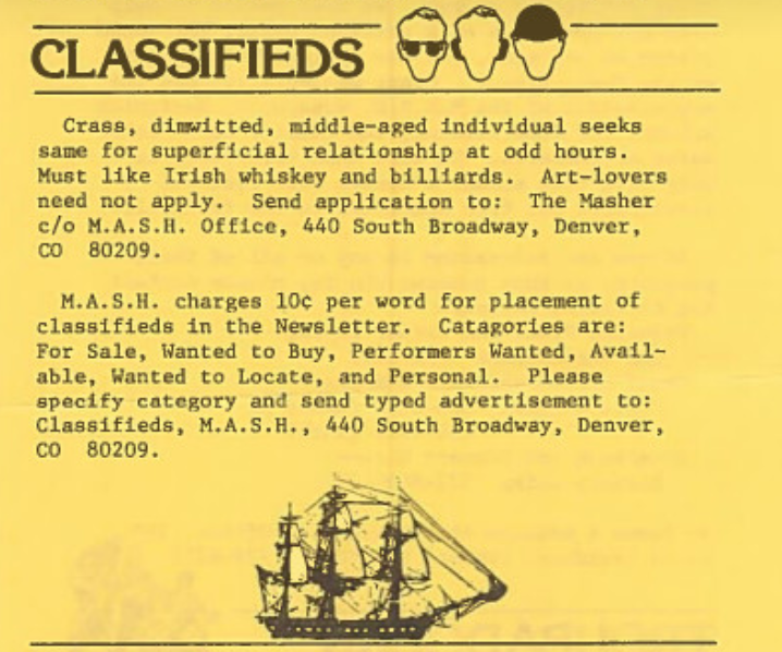 Blast from the past: Check out this paper newsletter from 1982, just three years after Swallow Hill was founded! Plus this classified ad is an absolute gem 😂

Here's to many more years of concerts, classes, and community to come! 🧡