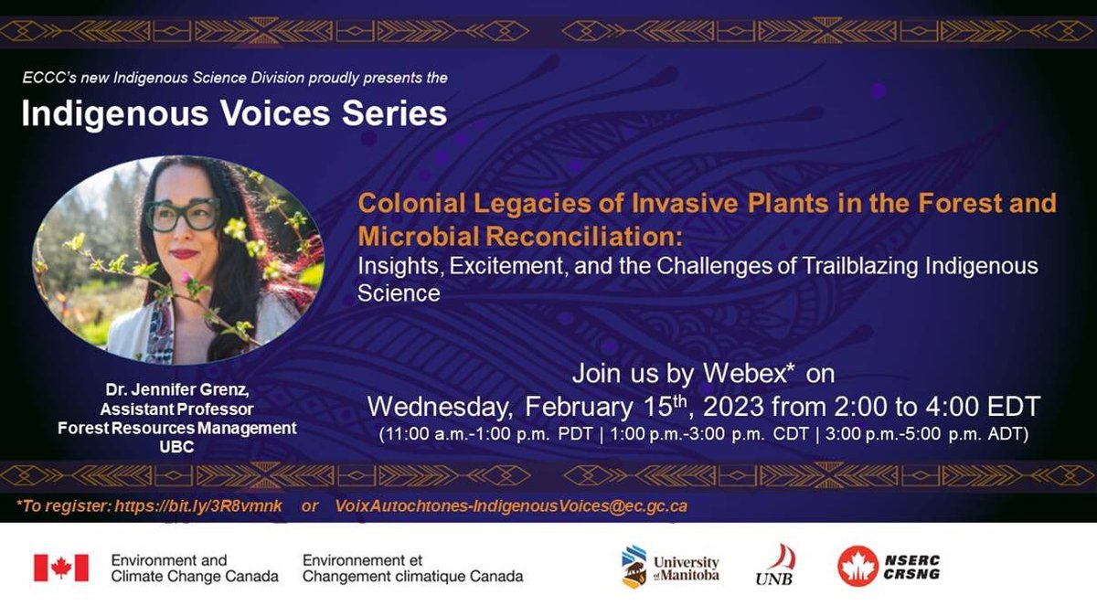 Join me as I present for the @environmentca Indigenous Science Division, Indigenous Voices Series, webinar on Feb. 15. Register at canada.webex.com/webappng/sites… @ubcforestry @eccc_news #nativesinstem #ecology
