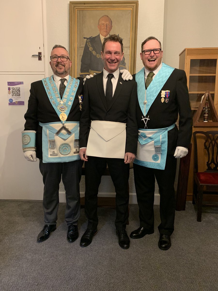 Our newest member, Brother Paul, enjoys refreshment with our Worshipful Master and hips Proposer flowing his first Masonic ceremony..