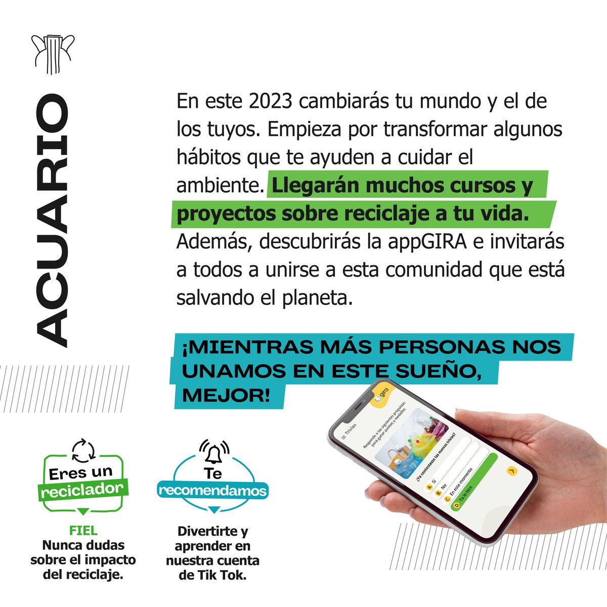 GiraReciclaEC's tweet photo. ¡Sabemos que la forma en la que #reciclas, te representa! Por eso, creamos para ti el #pronóstico #2023 del reciclador. ✨✨✨♻️♻️♻️
#Acuario #Picis #Aries #Tauro https://t.co/un7lqazu96