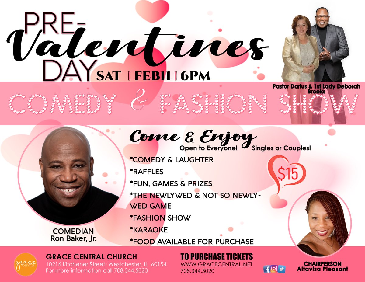 PLEASE SHARE!  
Use link below to purchase your tickets.
gracecentral.net/pre-valentine'…
There will be love, laughter and fun!!!!!
*All net proceeds go to support our Food Pantry!
#teamgracecentral #Repost  #valentines  #ValentinesDay2023  #ronbakerjr #fashionshow  #comedy  #raffle
