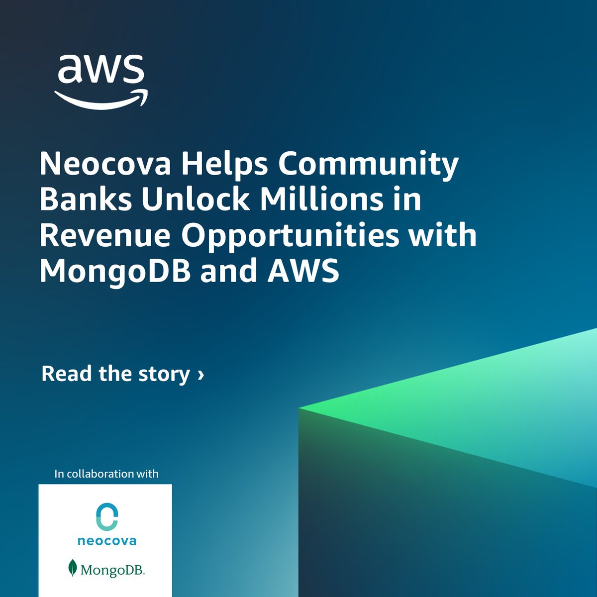 Find out how fintech startup @Neocovacorp's solution, built on #AWS with the help of <a href="/MongoDB/">MongoDB</a>, is empowering community banks 🏦 to unlock millions in revenue using data-generated insights. 🔓➡️ go.aws/3WX4BEB