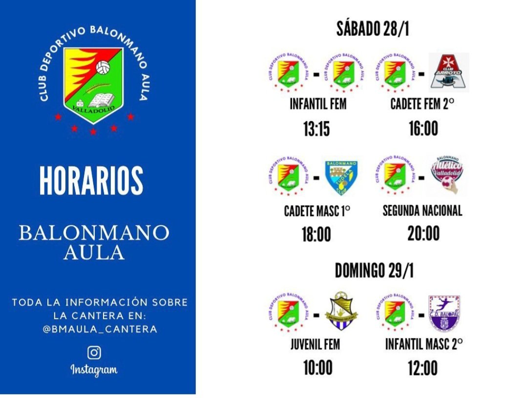 BmAulaCultural's tweet photo. Calendario del fin de semana de nuestros equipos Federados gracias a #mariaanton. Suerte a nuestros equipos y deportividad ante todo!!. #espírituAula @cajaruralzamora @skua_bar #Tamdis @UEMC #FerreteriaPelicano #ElefanteVerde #Vaillant #JoseLuisPrieto #DFSC https://t.co/tF8QNWzZtw
