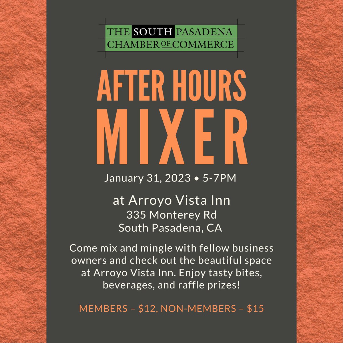 Join us Tuesday, January 31st for our return to after-hours mixers!

Hosted by Arroyo Vista Inn 🏡 @arroyovistainn

Enjoy an opportunity to mix and mingle! 🍷 Food, drinks &amp; raffle! 5-7pm

🎟️ Members $12 | Non-members $15