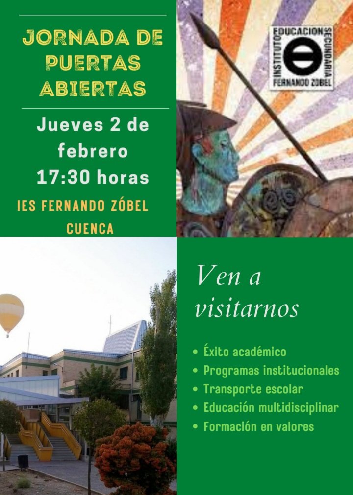 Desde el IES Fernando Zóbel queremos invitaros a conocer nuestro proyecto educativo a través de unas jornadas de puertas abiertas donde os mostraremos nuestras instalaciones en una visita por el centro.

JORNADA PUERTAS ABIERTAS JUEVES 2 FEBRERO A LAS 17:30