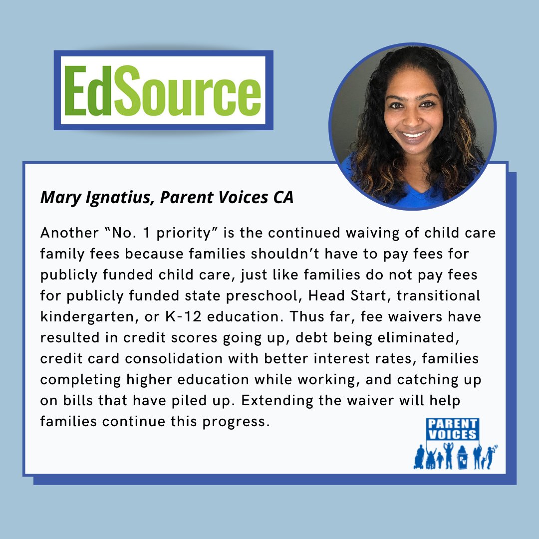 ParentVoicesCA's tweet photo. 🧸Our favorite quote from our @MamaMarySF
✊🏽"Families shouldn't have to pay for publicly funded child care, just like families do not pay fees for publicly funded state schools, Head Start, transitional kindergarten or K-12 education."
#EdSource #Governor #Budget #NoFamilyFees https://t.co/K9bwIWKS6L