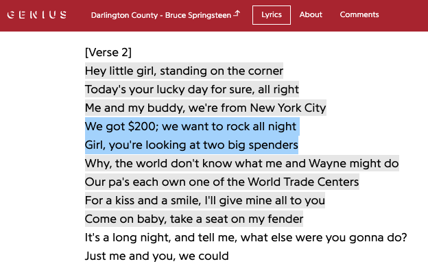 arlenparsa's tweet photo. The Bruce Springsteen song Darlington County, written in 1986, references having $200 and wanting to rock all night. I just looked at an inflation calculator and the per capita income in Darlington County, South Carolina back then and man, he and Wayne really were big spenders! https://t.co/MEfPhJzoVt