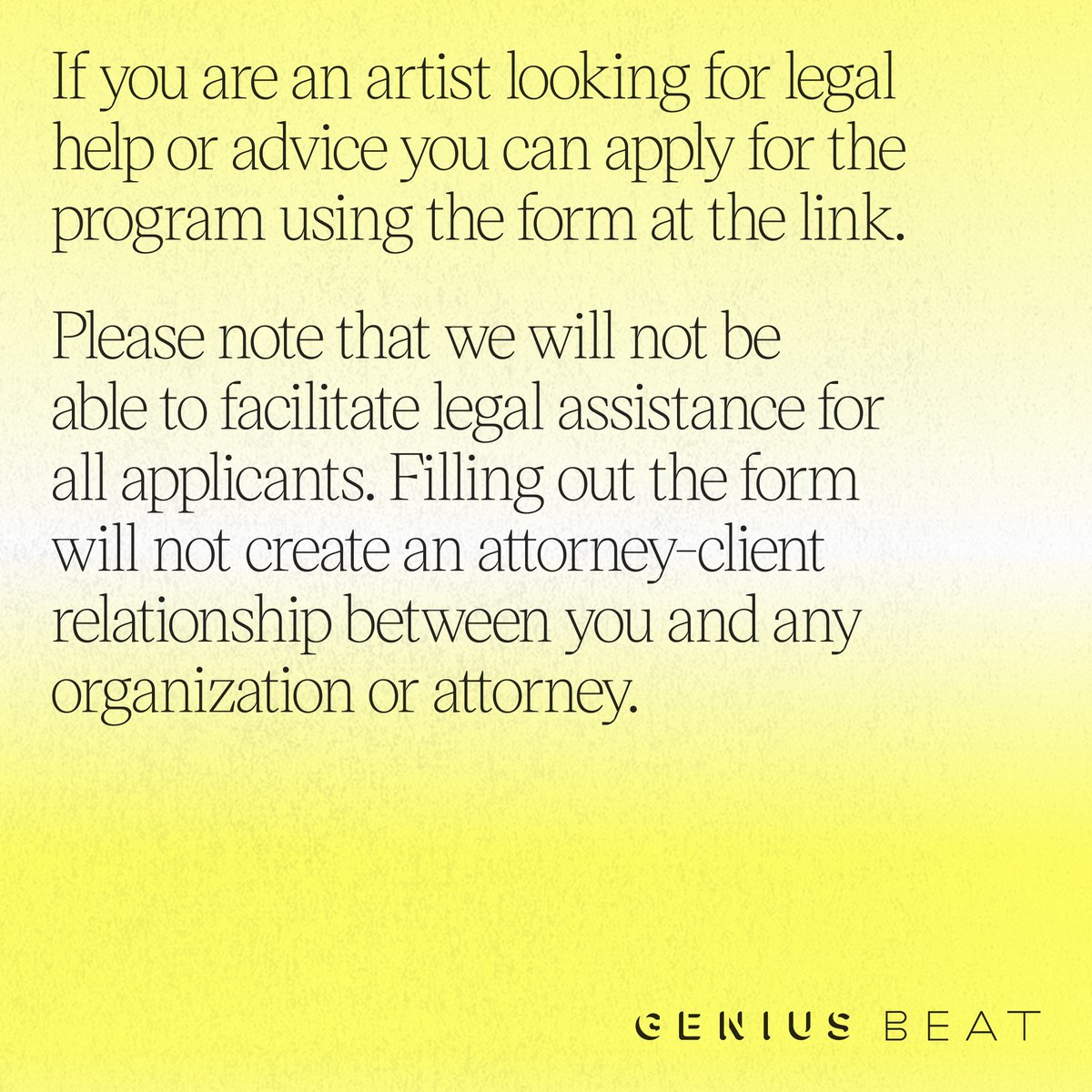 we're offering access to potential legal services as part of the continuation of our #GeniusBEAT program

apply here: so.genius.com/WFpv4vu