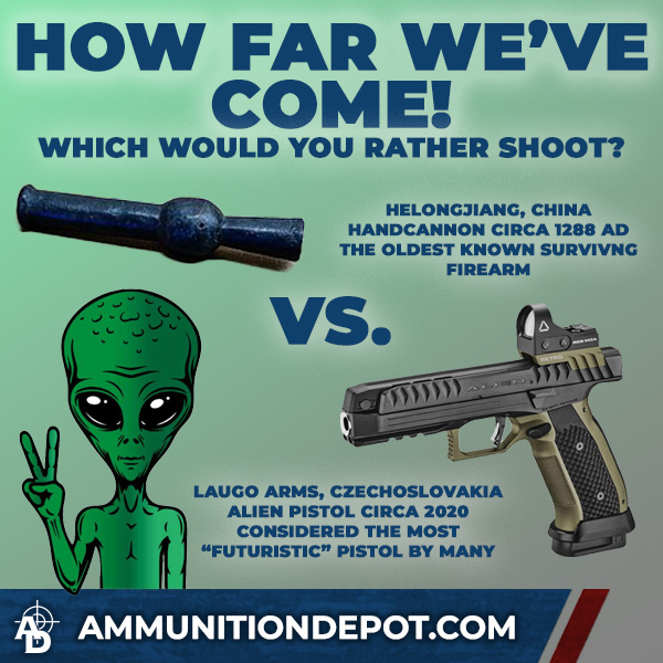 AmmunitionDepot's tweet photo. One is REALLY old, and one is "futuristic".  Would you even try shooting the old one? 🤣
#antique #antiquefirearm #laugoarms #laugoalien #aliens https://t.co/wJRL7LFguj