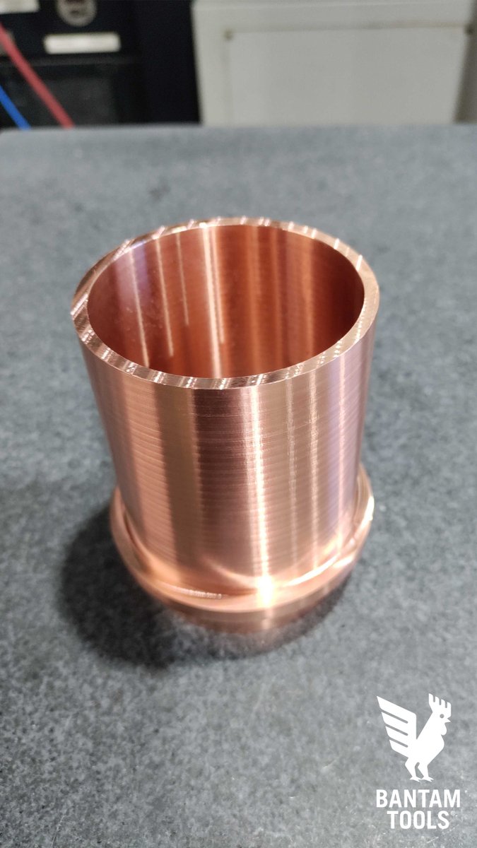 bantamtools's tweet image. Our machinists are milling copper parts using one of our aerospace-grade Mazak 510Cs. Since copper 101 is prone to welding, we kept a close eye on the feed per tooth. While running a 3/8" tool we ran at 0.002 in/tooth and then ran the 1/2" tool at 0.0032 in/tooth. 
#bantamtools