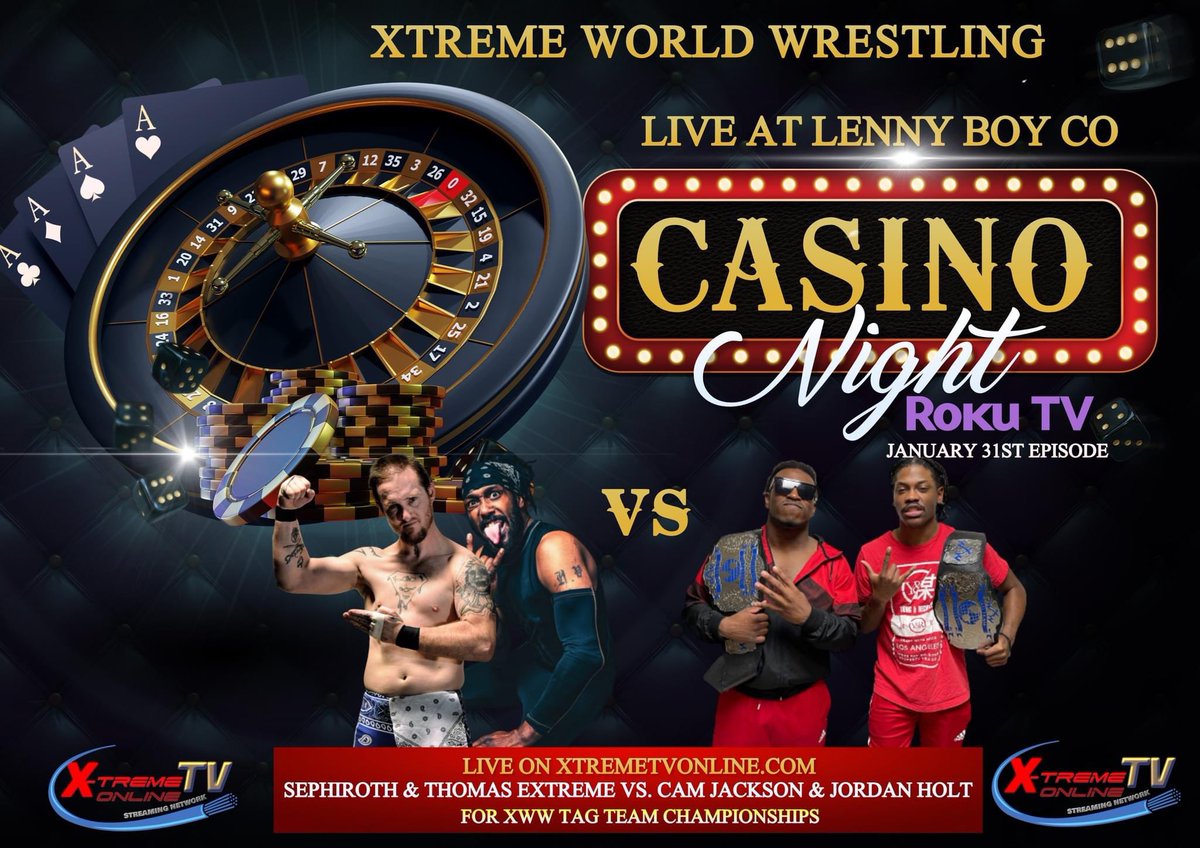 XwwOfficial's tweet photo. #XWW Ca$ino Night is back! 

The first episode of 2023 airs Tuesday January 31st at 7PM on https://t.co/3rUDFK1PRS! 

Available on all Roku devices by searching Xtreme World Wrestling! https://t.co/aEORfMAntR