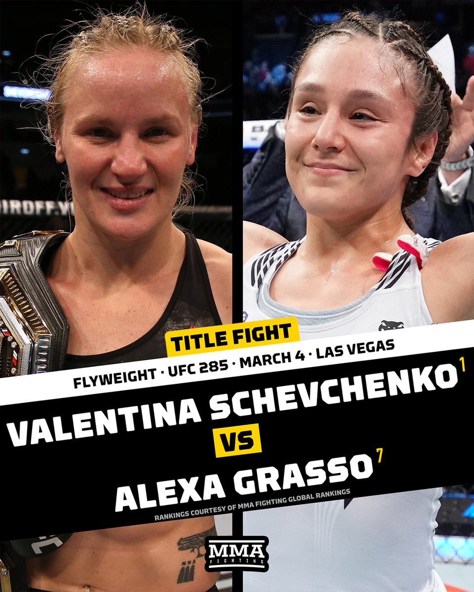 MMAFighting's tweet photo. Valentina Shevchenko vs. Alexa Grasso has been booked for UFC 285 🏆

📰 https://t.co/npU6VdU7Ro https://t.co/MGNiTYDRSh