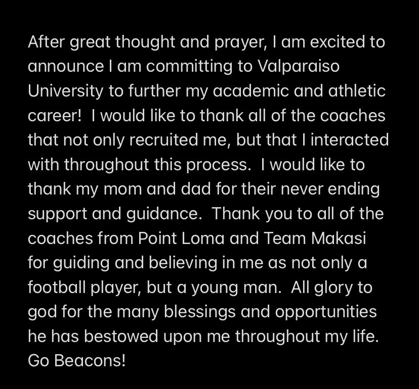 Chase Lowary (@chaselowary44) on Twitter photo I would like to announce that I am 100% committed to Valparaiso University!  #GoBeacons <a href="/CoachLutgens/">Andrew Lutgens</a> <a href="/Coach_RJG/">RJ Ghilarducci</a> <a href="/valpoufootball/">Valpo Football</a> <a href="/PointLomaFB/">PL Pointers Football 🐾</a> <a href="/CoachVMAKASI/">Verlain Betofe</a> I would like to announce that I am 100% committed to Valparaiso University!  #GoBeacons <a href="/CoachLutgens/">Andrew Lutgens</a> <a href="/Coach_RJG/">RJ Ghilarducci</a> <a href="/valpoufootball/">Valpo Football</a> <a href="/PointLomaFB/">PL Pointers Football 🐾</a> <a href="/CoachVMAKASI/">Verlain Betofe</a>