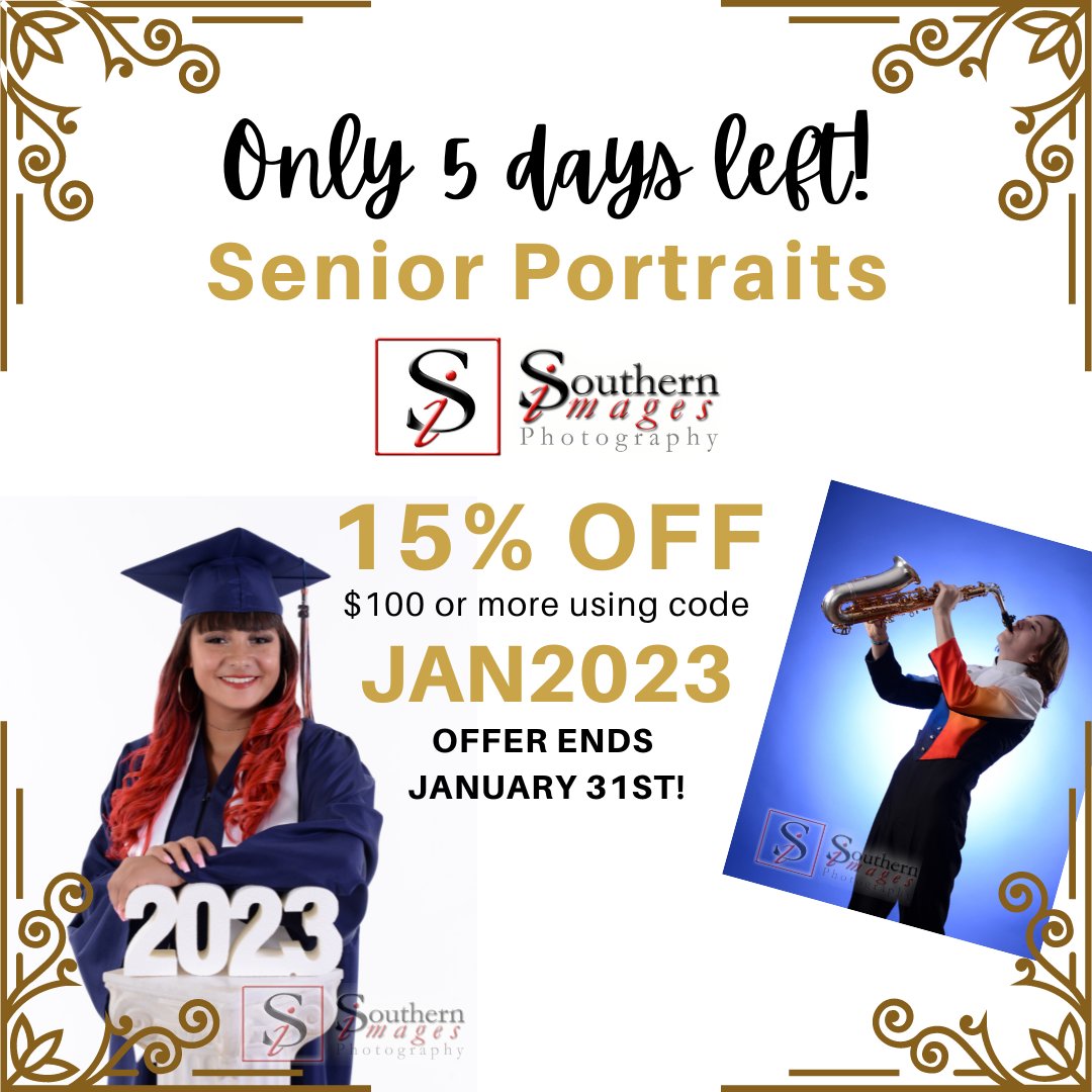SoImagesPhoto's tweet photo. Only 5 days left of our New Year promotion! Take advantage of this great deal before it's gone!

All Senior Portrait orders are 15% off purchases of $100 or more if you order before January 31st! Use Coupon Code JAN2023 during checkout to receive this discount. https://t.co/BKsPrlLbds