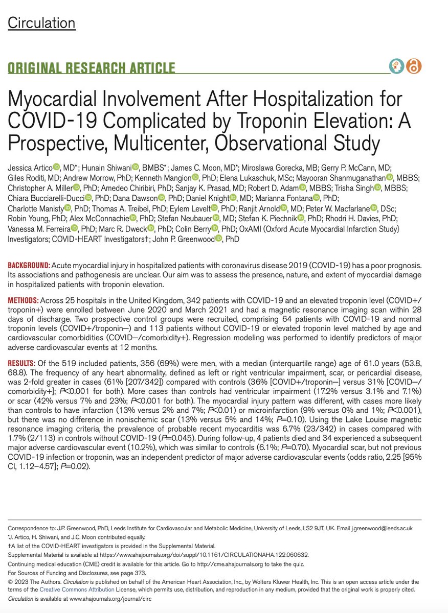 HunainShiwani's tweet photo. Excited to have our @CircAHA paper out on the COVID-Heart study! 342 patients with cardiac MRI #CMR show a lower prevalence of myocarditis and higher proportions of MI and micro-infarction in #COVID19 patients than previously reported. https://t.co/jVwAesHb2t https://t.co/oNV5HipLzU