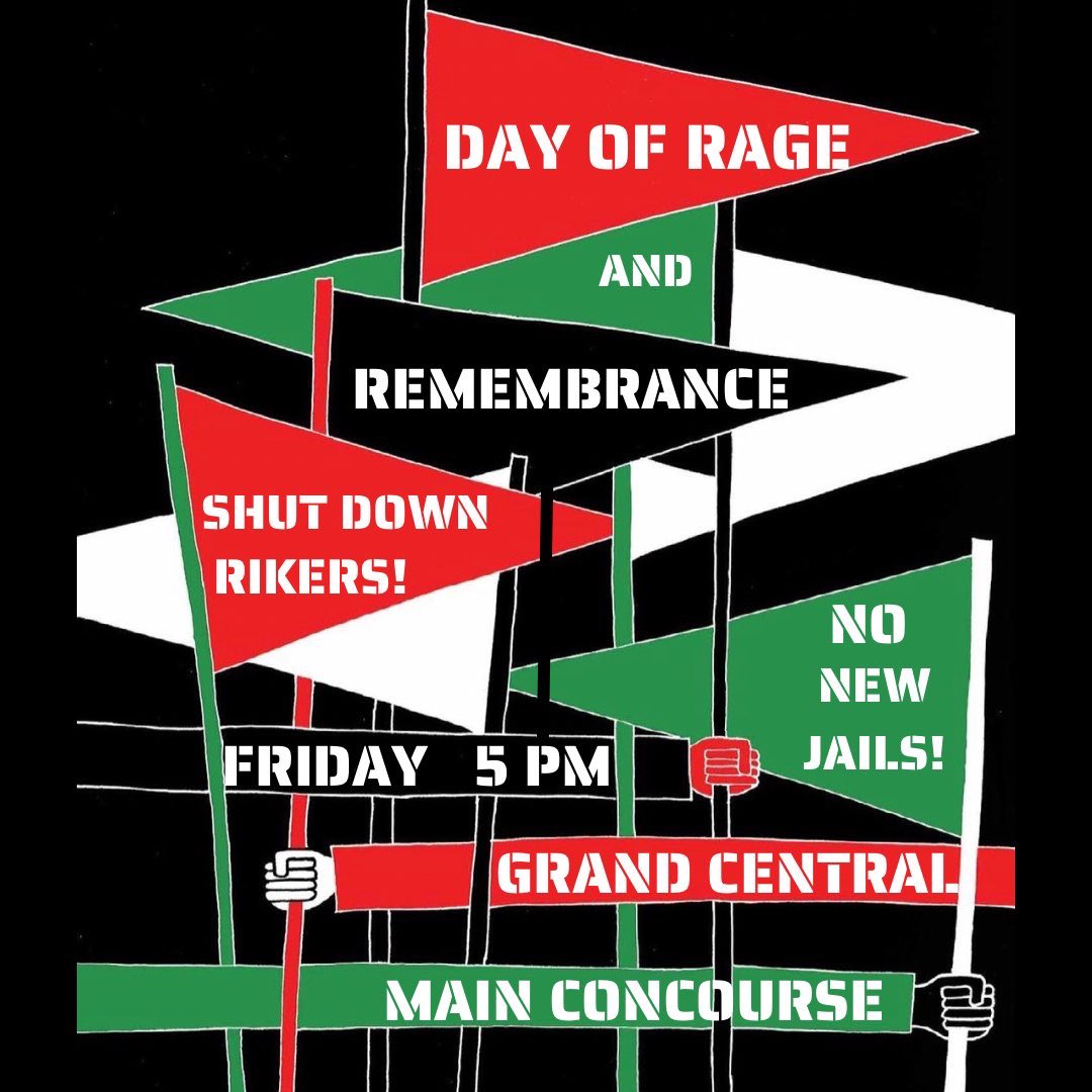 Last night, “Rikers = Death Camp” emblazoned against NYC’s skyline and today, s Day of Rage at Grand Central @ 5. #ShutdownRikers #DisbandtheSRG #NoNewJails #ClosetheCamps