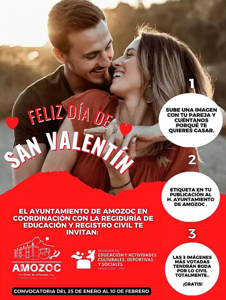 HAmozoc's tweet photo. 👰🏻‍♀️  ¡GANA UNA BODA POR LO CIVIL GRATIS! 🤵🏻

Disfruta del amor y la felicidad con tu pareja ❤️el Gobierno Municipal que preside el alcalde Mario de la Rosa Romero te invita a participar para ganar una boda grátis.

💐 Fecha límite para participar: 10 de febrero 💐 https://t.co/xftaHWPzCH