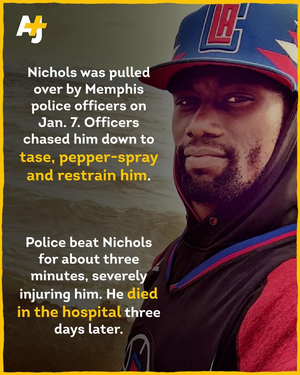 Tyre Nichols should be with us skateboarding and looking up and admiring the sunset. But instead the sadistic scourge of police violence claimed its latest innocent victim. 1/