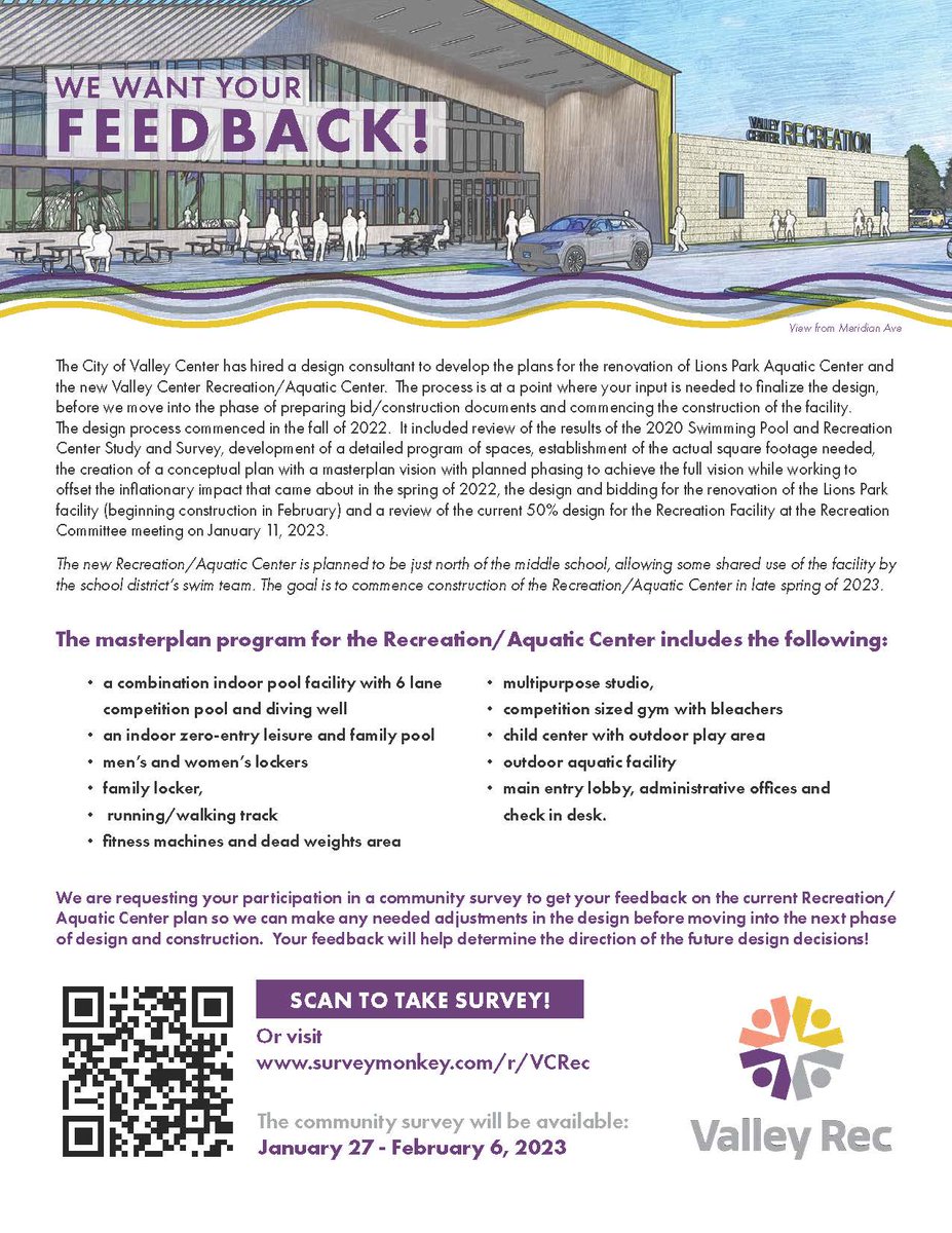 ValleyCenterKS's tweet image. Valley Center Recreation/Aquatic Center Survey

The community survey will be available: 
January 27th – February 6th
surveymonkey.com/r/VCRec

#VCRC #discoverVC #VCsalestax #VCpool #VCrec #vcistheplacetobe #valleycenterks #cityofvalleycenter