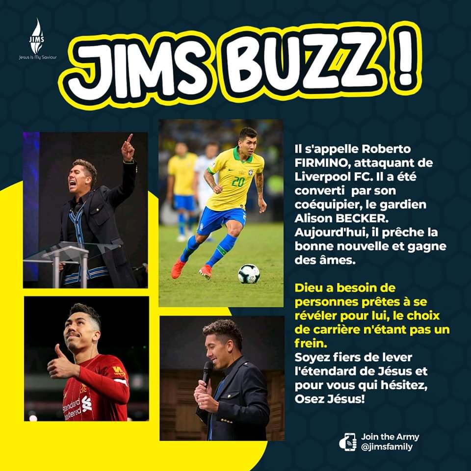 WeJimsFamily's tweet photo. Il s'appelle Roberto FIRMINO. Il est footballeur, il prêche la bonne nouvelle et gagne des âmes.
Osez Jésus!
#Jimsfamily #JimsBuzz #Jims https://t.co/LEmqNcwmiC