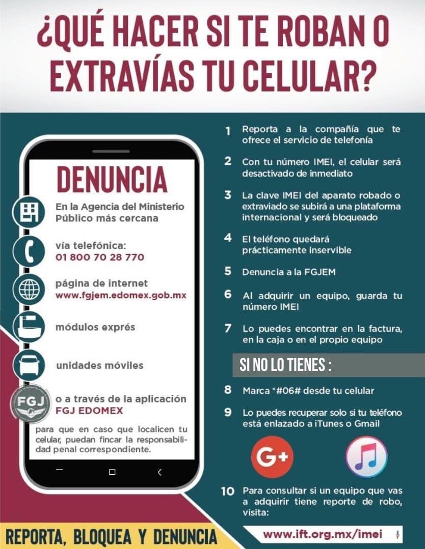 FiscaliaEdomex's tweet photo. ¿Sabes qué hacer en caso de extravío o robo de tu celular📱?
Reporta de manera inmediata a la compañía que te ofrece el servicio de telefonía y proporciona tu IMEI, sigue las siguientes recomendaciones. https://t.co/68wVCJd4mT