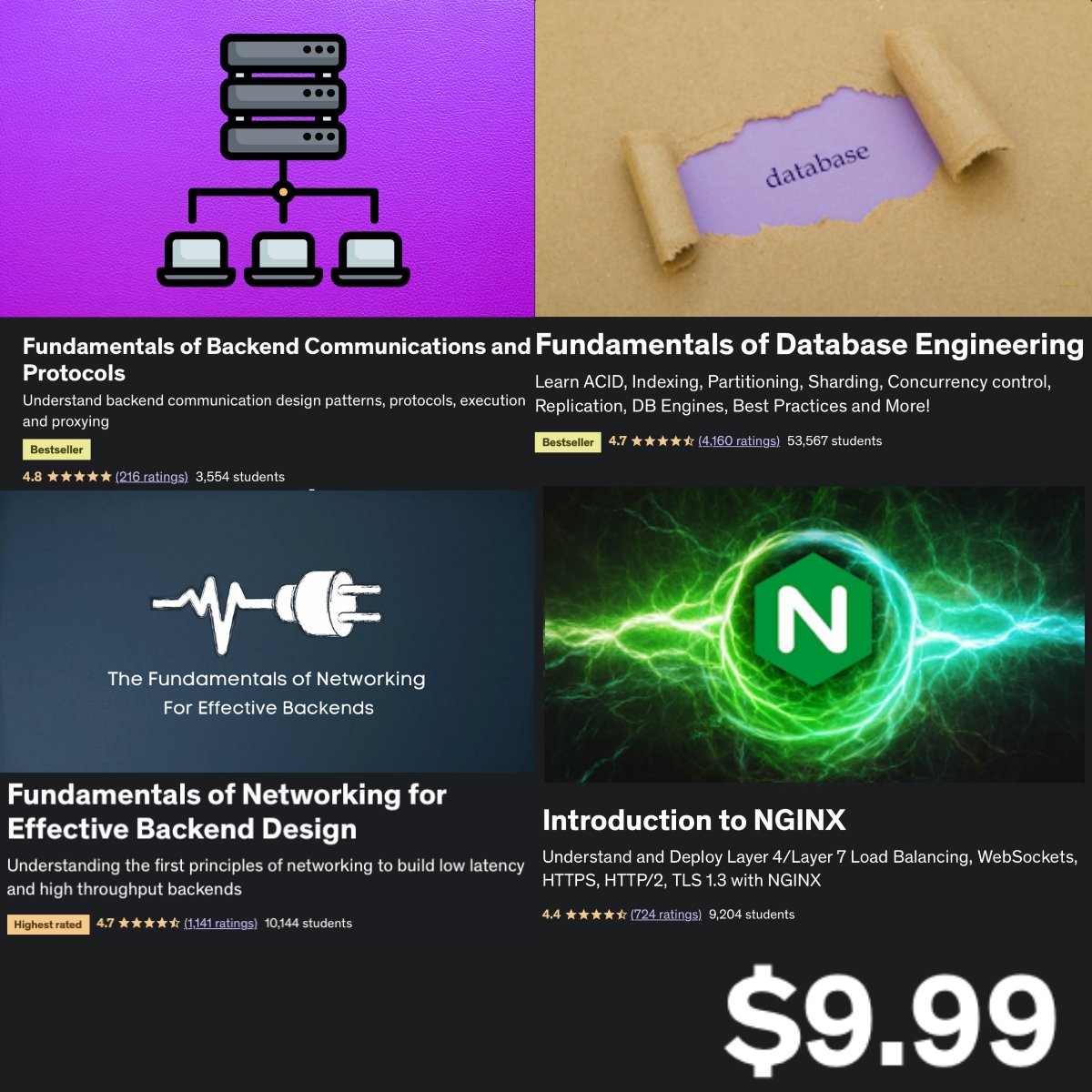 Extended discount for all my courses at $9.99

Fundamentals of Database Engineering (Best seller)
database.husseinnasser.com

Fundamentals of Backend Engineering (Best seller)
backend.husseinnasser.com

Fundamentals of Network Engineering (Highest rated)
network.husseinnasser.com