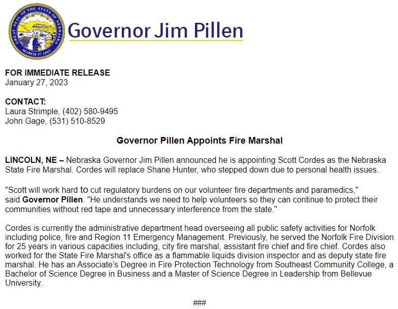 TeamPillen's tweet photo. RELEASE: Governor Pillen Appoints Fire Marshal https://t.co/buQog0546Z