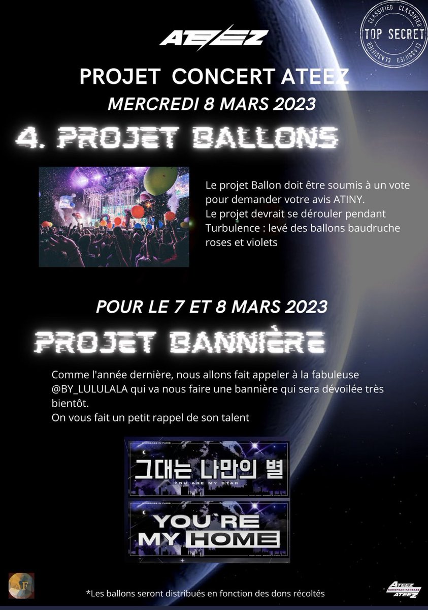 ATEEZFRA's tweet photo. Concernant le 8 MARS 

*plus d’informations concernant le projet ballon dans un autre tweet*

Nous reviendront très vite vers vous lorsque nous aurons une réponse de l’organisateur ou du staff pour la vidéo. https://t.co/DhxZ0Dtk5T