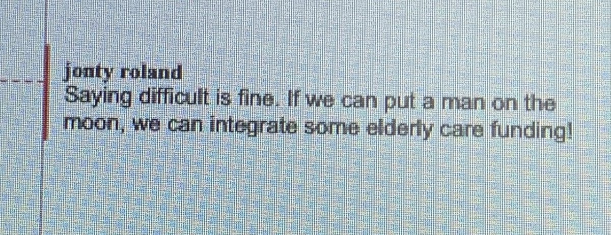 Colleague on integrated care: if we can put a man on moon, we can integrate some elderly care funding! 👩🏽‍🚀🛖🔄🏥