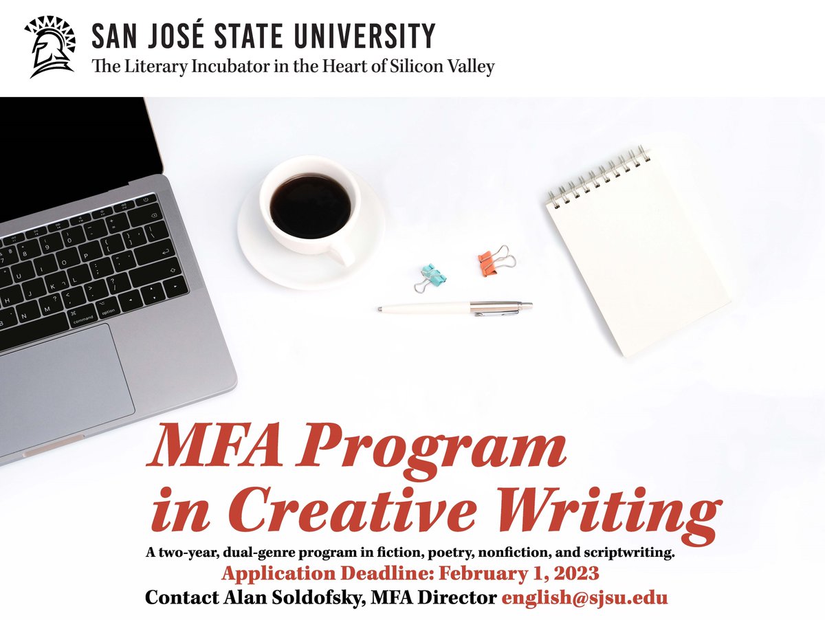 sjsu_english's tweet image. There is still time to apply to the SJSU MFA Program in Creative Writing, the only fully dual-genre MFA Program in Northern California. The deadline is Wednesday, February 1st. For more information and links, please visit: sanjosemfa.com.