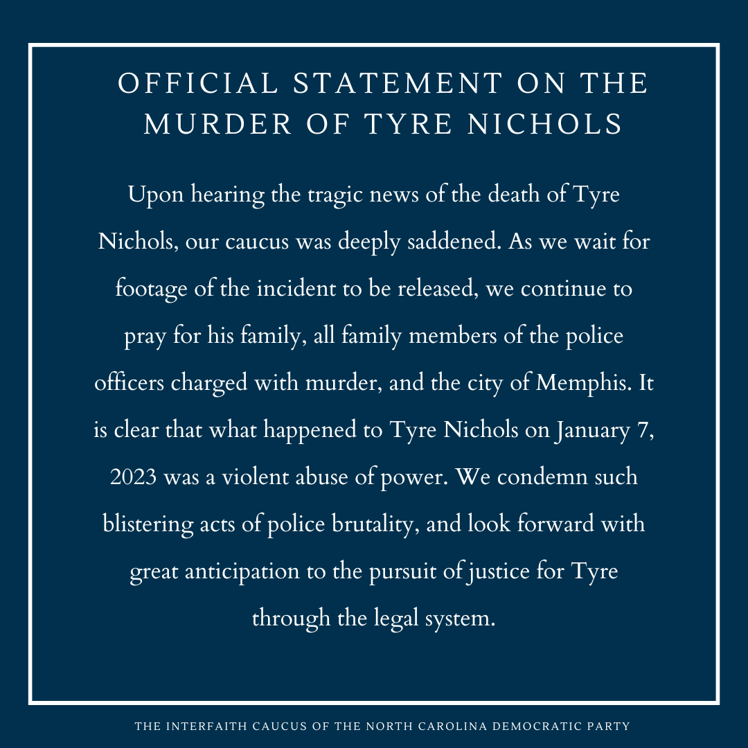 Our official statement on the murder of Tyre Nichols. Let's continue to pray for him, his loved ones, and the city of Memphis 🙏 

#TyreNichols  #JusticeForTyre #ncpol #MEMPHIS