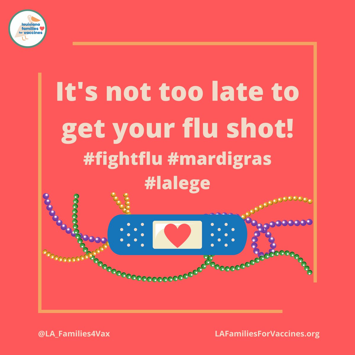 February is peak #flu season! 

The flu kills 10s of 1000s and hospitalizes 100s of 1000s each year in the US alone. 

The good news is there is still time to #GetVaccinated and #FightFlu as we let the good times roll! 

#lalege #MardiGras #VaccinesSaveLives