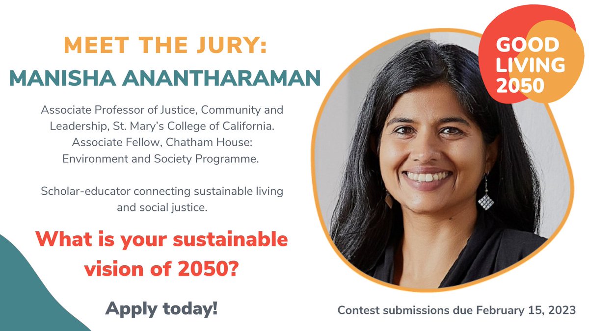 beacon4sl's tweet photo. Meet the jury panel for the Good Living 2050 contest!🌟

Manisha Anantharaman (@ManishaAnanthar) is a scholar-educator connecting sustainable living and social justice.

See the rest of our fabulous judges here: https://t.co/idfVkuJmCp

Apply to our #GoodLiving2050 contest today! https://t.co/UBIf3dl0li