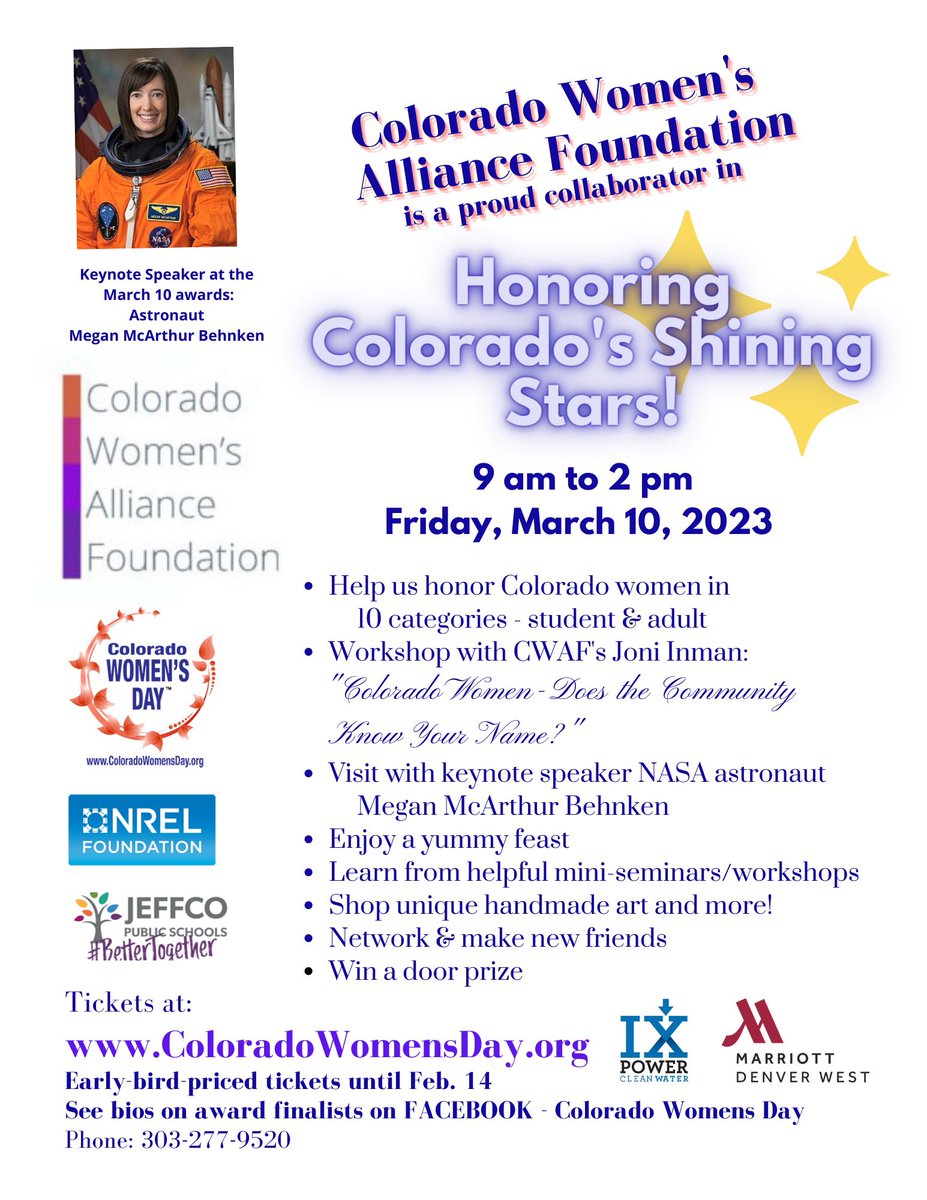 Join us on March 10th to celebrate Colorado’s finest women in Golden, CO! 

Find more information and order tickets at coloradowomensday.org