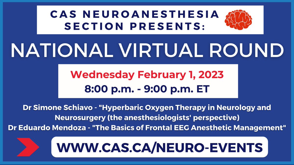 Canadian Anesthesiologists' Society (@casupdate) on Twitter photo Reminder! On February 1st <a href="/cas_neuro/">CAS Neuro Section</a> will host its first national virtual round of 2023. Join us as we examine hyperbaric oxygen therapy in neurology and neurosurgery, as well as the basics of frontal EEG anesthetic management.
Details: cas.ca/neuro-events
<a href="/ChowdhuryTumul/">Tumul Chowdhury (तुमुल चौधरी) MD, DM, FRCPC, MSc</a> Reminder! On February 1st <a href="/cas_neuro/">CAS Neuro Section</a> will host its first national virtual round of 2023. Join us as we examine hyperbaric oxygen therapy in neurology and neurosurgery, as well as the basics of frontal EEG anesthetic management.
Details: cas.ca/neuro-events
<a href="/ChowdhuryTumul/">Tumul Chowdhury (तुमुल चौधरी) MD, DM, FRCPC, MSc</a>