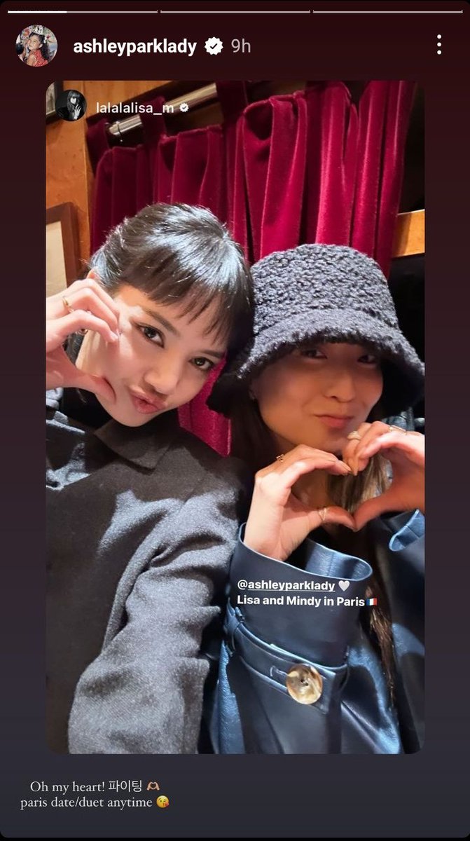 #LISA's 🆕 iG sTory w/ Actress #AshleyPark of 'Emily in Paris' w/ lead hollywood actress LiLy Collins, (Mindy)/Ashley reposted #LALISA's iG's with a caption on pic.📌

'ashleyparklady 🤍
LISA and Mindy in Paris 🇫🇷'
➖LISA
'Oh my heart 🫶
paris date/duet anytime 😘'
➖Ashley Park