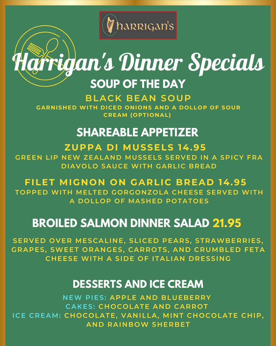 HarrigansNJ's tweet photo. Join us tonight for our new dinner specials ✨ We have the fan favorites and some new dishes being served up just for you! 
#HarrigansMontville #NJRestaurants #NJEats #MontvilleNJ https://t.co/z4a4rmUYst
