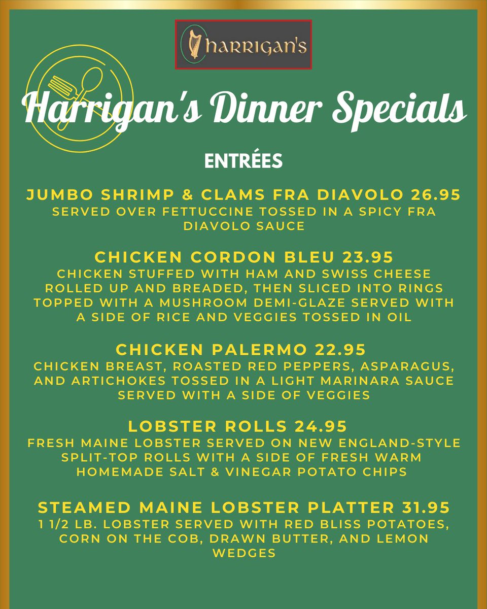 HarrigansNJ's tweet photo. Join us tonight for our new dinner specials ✨ We have the fan favorites and some new dishes being served up just for you! 
#HarrigansMontville #NJRestaurants #NJEats #MontvilleNJ https://t.co/z4a4rmUYst